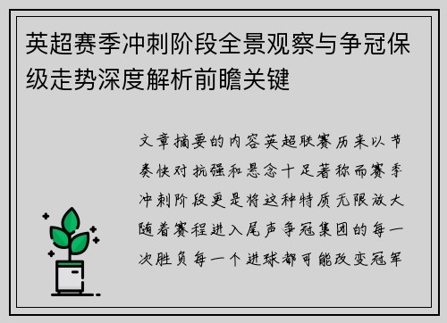 英超赛季冲刺阶段全景观察与争冠保级走势深度解析前瞻关键
